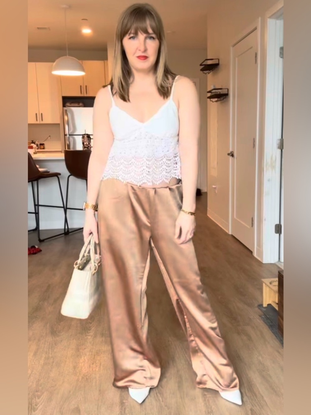 MNG Mango Cream Satin Wide-Leg Pants